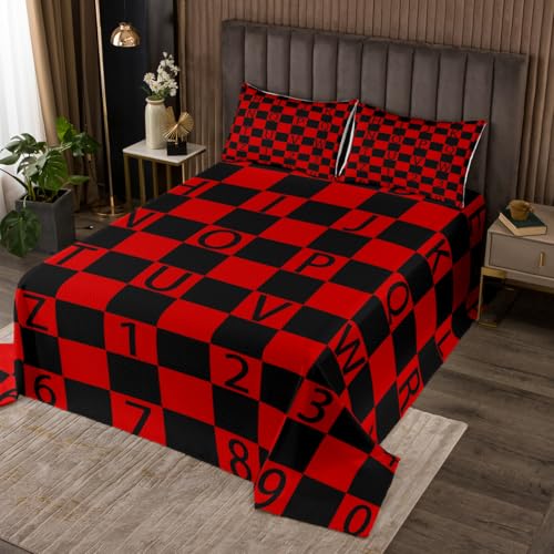 Homemissing ABC-Nummer Tagesdecke 240x260cm Schecked Alphabet Steppdecke Rot Schwarz Plaid Wohndecke 26 Englische Buchstaben Doppelbett Gesteppt Bettüberwurf