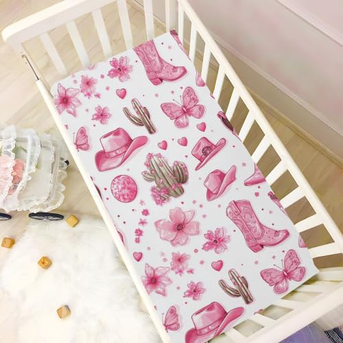Image of Western Pinks Cowgirls Boots Crib Sheets Soft Breathable Fitted Baby Crib Sheets Mattress Cover for Girls Boys, 52 inch x 28 inch x 9 inch