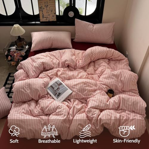 Image of Striped Duvet Cover Set Twin Size Red White Stripes Bedding Set