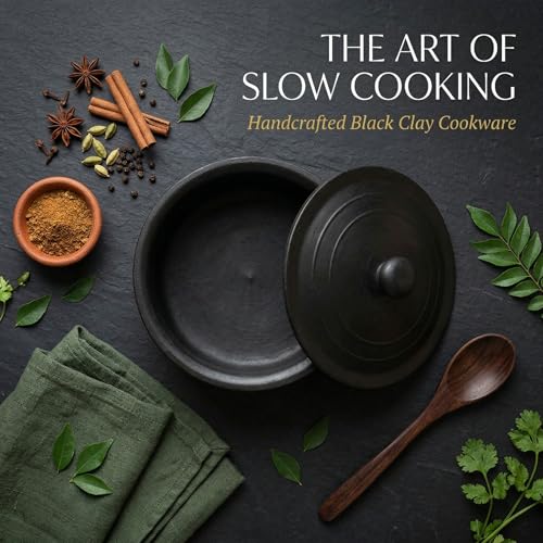 Image of Black Clay Pot for Cooking with Lid | Mitti ka Bartan for Healthy Cooking | Clay Handi | Earthen Kadai | Traditional Handmade Terracotta Cookware for Serving | Natural and Organic 2.5 L