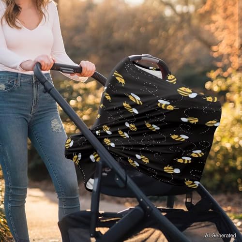 Image of Wanyint Bee Print Car Seat Covers for Babies Black Baby Car Seat Cover for Boys Girls - Breathable Breastfeeding Scarf Nursing Cover Carseat Canopy for Boys Girls