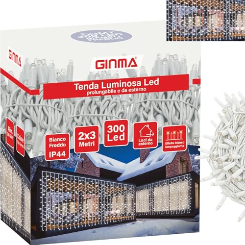 GINMA Luci di Natale Professionali Effetto Tenda Luminosa LED - Certificata IP44 - Basso Consumo e Impermeabili - Prolungabile (Bianco Freddo, 2x3 metri (300 LED))