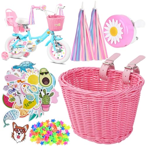 Fahrradkorb Kinder Vorne Fahrradkorb Mädchen Vorne Fahrrad Korb mit PU-Gurten Aufkleber Fahrradquasten und Fahrradklingel Fahrrad Zubehör Kinder Kinderfahrrad Zubehör Mädchen Rosa