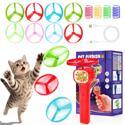 BABORUI Cat Toy Disc Launcher, Rechargeable Interactive Cat Fetch Toy Launcher with 8 Flying Discs, Flying Enrichment Toys for Indoor Bored Kittens & Adult Cats (Red-1)