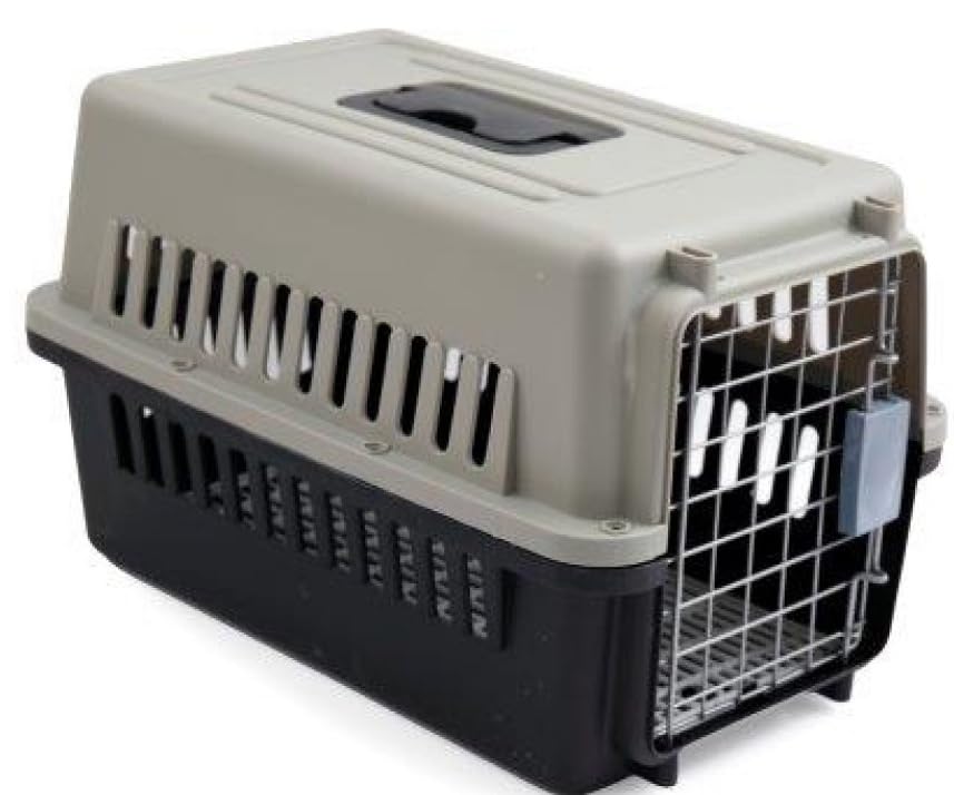 Hyper Mart Pet Travel Carrier, Hard Plastic Transport Crate for Cats and Dogs, 48 x 32 x 30 cm, Grey and Black with removable raised slotted base.