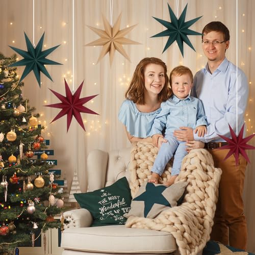 Image of 12 Inches 5 PCS Wine Red Green Brown Paper Star Lanterns Christmas Party Decorations Hanging Stars Christmas Party Decorations Wedding Birthday Christmas Home Party Decorations(9 Pointed)