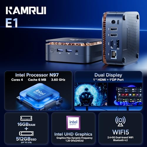 Image of KAMRUI N97 Mini PC,12th N97 Mini PC(Beat N150,up to 3.6GHz),Desktop Mini Computer 16GB RAM 512GB SSD,Micro PC Support 4K HDMI+DP,Mini Computer with Dual WiFi,Business Home Office