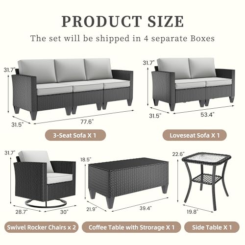 Image of UDPATIO Patio Furniture Set, 6 Pieces Outdoor Furniture Sets with Rocking Swivel Chairs, Wicker Rattan Outdoor Conversation Set with Storage Table and Waterproof Covers for Backyard, Light Grey