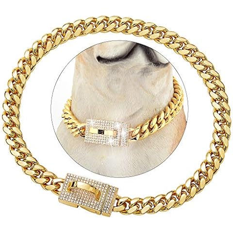 Gold Dog Chain Collar with Cubic Zirconia Design Secure Buckle, 18K Cuban Link Chain Heavy Duty Chew Proof Walking Collar for American Pitbull German Shepherd (for M Dog Neck 16") Cover