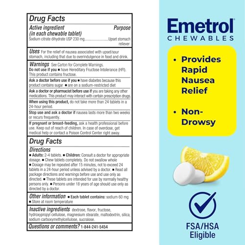 Image of Emetrol Non-Drowsy Nausea Relief - Chewable Medicine for Upset Stomach - Pharmacist Recommended Nausea Relief - Lemon Flavor, 84 Tablets (Pack of 3)