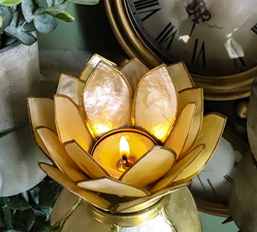 Ebros Hand Crafted Capiz Seashells Auspicious Lotus Flower Votive Tea Light Candle Holder Figurine 18 Petals Zen Feng Shui Meditation Home Fragrance Decor Accessory (Yellow Gold)