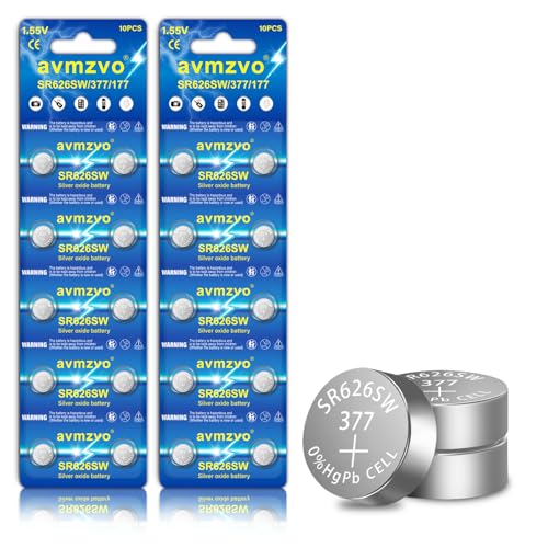 avmzvo SR626SW Pilas botón, batería para reloj 377 V377 LR626 SR626 AG4 1,5V Alcalinas, 20 unidades, libres de mercurio, embalaje seguro para niños【5 años de garantía】