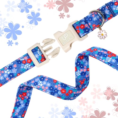 Image of Blue Floral Dog Collar, Summer Spring Adjustable Cotton Floral Collar with Daisy Charm Pendant, Quick Release Buckle, Soft Wildflowers Puppy Collar for Small Medium Large Dogs