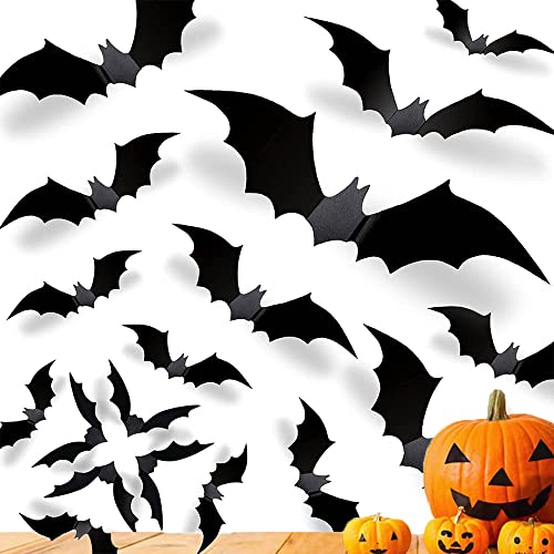 Stickers Muraux 3D Chauve-souris Halloween - 120 Pcs 3D Chauve-souris Autocollants de Décoration d'Halloween 4 Taille Imperméable Noir Chauve souris Effrayantes pour la Décoration de la Fenêtre Cover