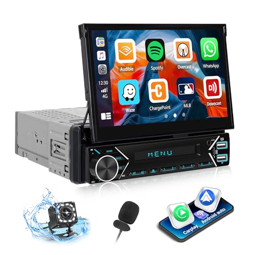 【Upgrade Wireless】 CAMECHO Radio Coche Bluetooth 1 DIN con Wireless Carplay et Android Auto, 7''Retráctil Pantalla...