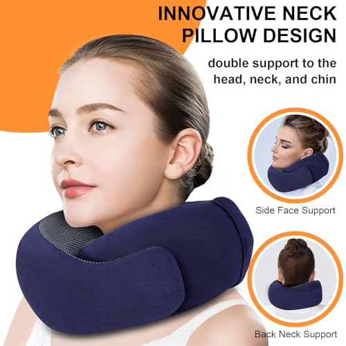 Image of Travel Pillow - Hooded Neck Pillow Airplane Memory Foam Filling for Plane, Office, Cars Sleeping, Road Trip, Long Flights, Airplane Travel Essentials, Includes Eye Mask & Earplugs (Navy)