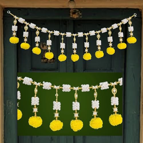 iHandikart Handmade (40 Inch) Artificial Marigold & Jasmine Bandanwar with Golden Flower Beads Traditional Door Bandanwar for Makar Sankranti, Lohri, Festive Home Décor & Housewarming (B0063)