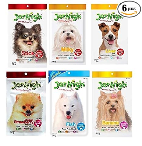 JerHigh Real Chicken Food Treat Milk, Stick, Liver, Strawberry, Fish, Banana Flavor 6 Pack Combo Set 70g for Dogs