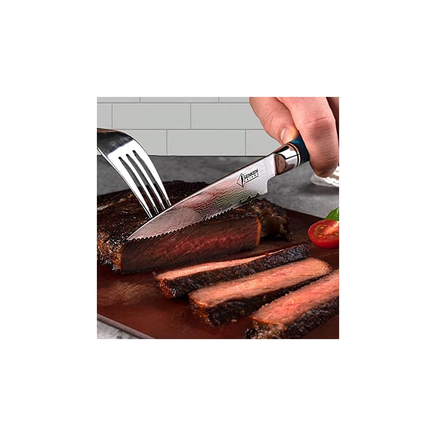 SENKEN-Damascus-Steak-Knife-Set-Tsunami-Collection-67-Layer-Japanese-VG10-Steel-Razor-Sharp-Serrated-Blades-Blue-Resin-Natural-Wood-Pattern-Handles-Luxury-Gift-Box-6-Steak-Knife-Set SENKEN Damascus Steak Knife Set - Tsunami Collection - 67-Layer Japanese VG10 Steel - Razor Sharp Serrated Blades, Blue Resin & Natural Wood Pattern Handles, Luxury Gift Box (6 Steak Knife Set)