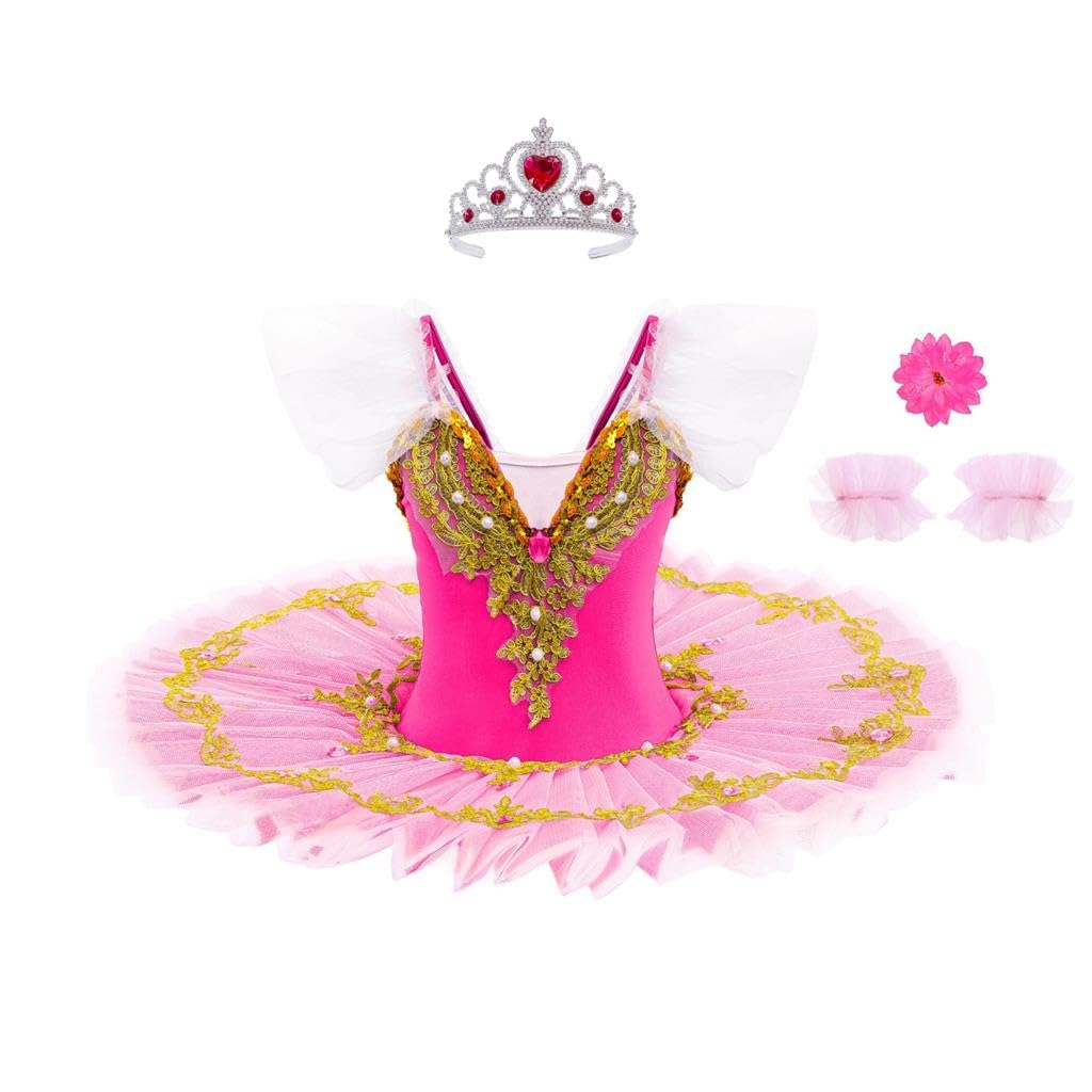 Lito Angels Vestido Tutú de Ballet para Niña, Traje de Bailarina con Aplique Dorado y Pedrería, Ideal para Baile Actuaciones Escuela Fiesta y Sesiones de Fotos