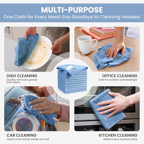 Image of SIFANGKE Microfiber Cleaning Cloth, 12 Pack Blue Cleaning Rags for Housekeeping, Reusable Microfiber Towels for Car, Kitchen, Bathroom and Household Cleaning Supplies, 11.8 inchX11.8 inch