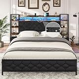 Hasuit Queen Bed Frame with Storage Headboard, Upholstered Bed with 4-Tier Bookcase Shelves, Farmhouse Bed Frame Queen Size, LED Lights and Charging Station, No Box Spring Needed, Noise Free