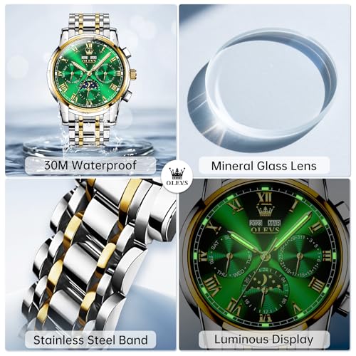 Image of OLEVS Watches for Men Stainless Steel Dress Men Watch with Date Big Face Chronograph Waterproof Luxury Fashion Watch Blue /Black /Gold /Green /Silver Face Relojes para Hombres
