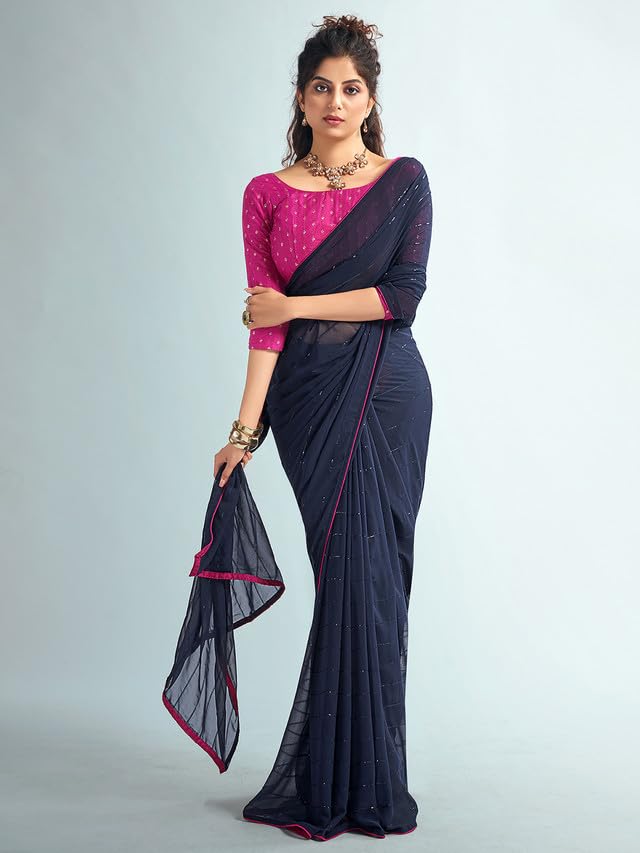 Satrani Women's Georgette Sequence Work & Piping Border Saree With Unstitched Blouse Piece (3475S708N_Navy Blue)