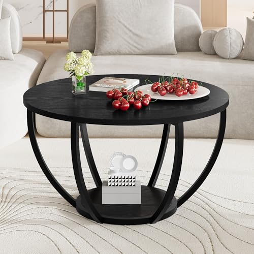 HOMERECOMMEND Round Coffee Table,Wooden 2-Tier Circle Coffee Tabl...