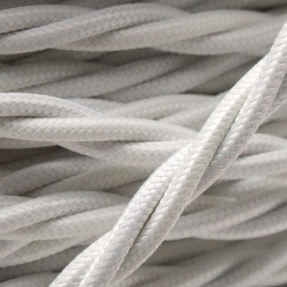 Art Deco Emporium White Pre-Cut 3 Meter Length Vintage Styled British Coloured Cloth Covered Braided Twist Flex - Electric Cable 3 Core; Electrical Wire 6Amp; Lighting Flex 0.75Mm