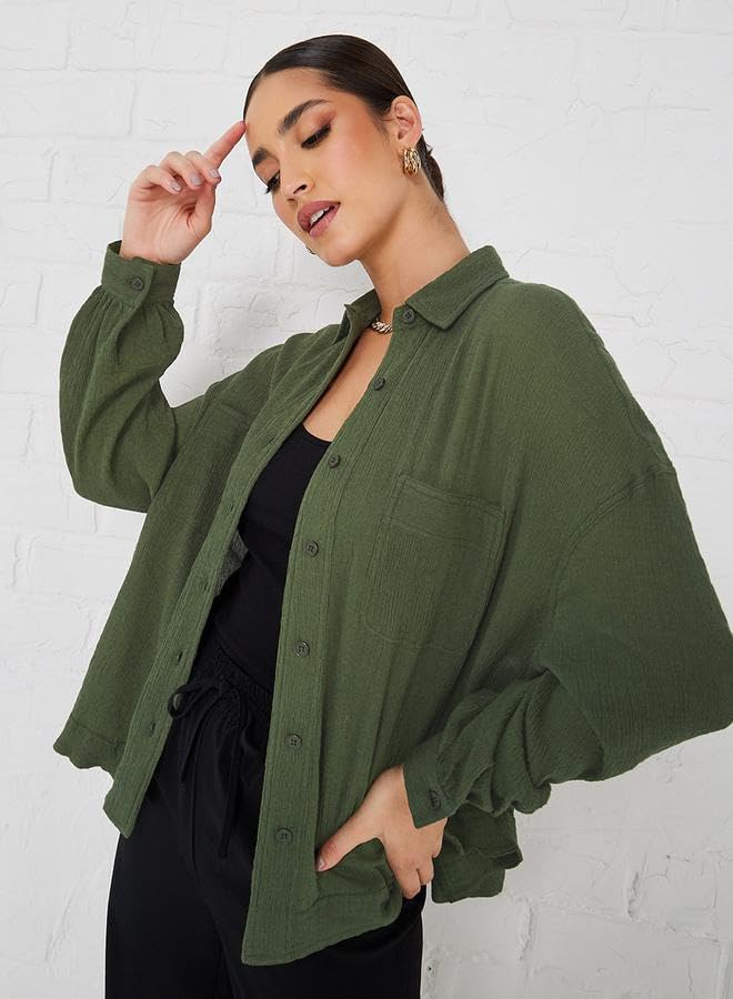 Image of Styli Women Drop Shoulder Crepe Oversized Shirt | Stylish Casual Shirt for Women | Comfortable Tops | Perfect for Office, Travel & Daily Outfits