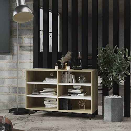 Homgoday Aparador blanco y roble Sonoma, 103,5 x 35 x 70 cm, madera de ingeniería, armario lateral, armario de almacenamiento para comedor, sala de estar, pasillo y cocina, armario de bufé, muebles de