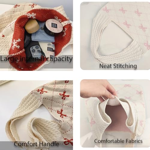 Beach Bags for Women Coquette Bow Bag Purse Cute Crochet Beach Tote Bag Boho Knit Shoulder Purses Travel Vacation2