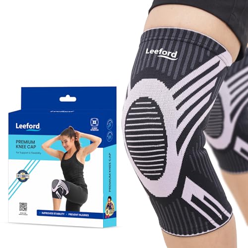 Image of Leeford Knee Cap Compression Support, Men & Women, Black-Purple, M | Pair, Anti-Slip Knee Sleeves, For Gym, Running & Pain Relief