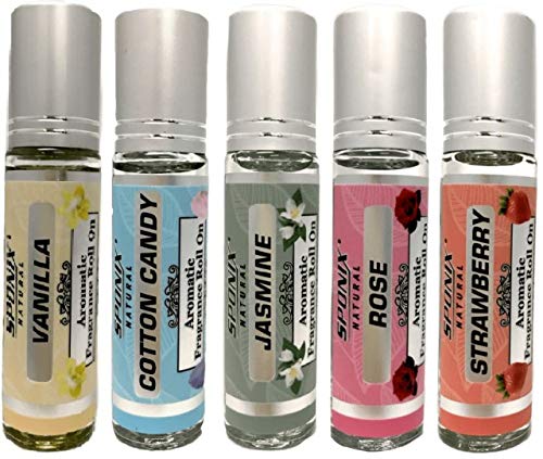 Best Essential Oil Roll On Gift Set Vanilla, Cotton Candy, Jasmine, Rose and Strawberry 10 mL each by Sponix