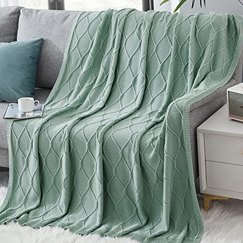 Waekoud 100% Cotton Cable Knit Throw Blanket, Home Decorative Knitted Blanket, Cozy Warm Knitted Couch Cover Blankets for Couch, Sofa - Extra Cozy, Machine Washable (Sage Green, 50" x 60")