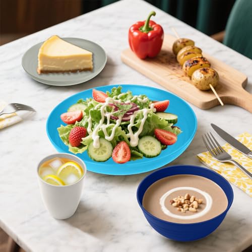 Image of Wheat Straw Dinnerware Sets of 32, Unbreakable Plates and Bowls Sets Service for 8, Dinner Plate /Dessert Plate /Bowl /Cup, for Outdoor Camping RV Apartment Essentials - Island Color