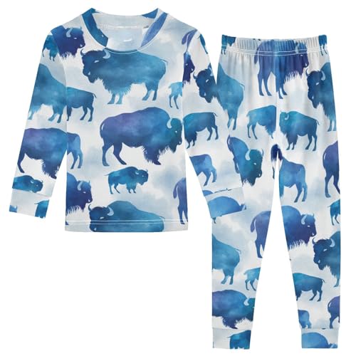 Pajama Sets Long Sleeve Blue Bison Silhouettes on White Soft Comfy Sleepwear 2 Piece PJS 3-8T