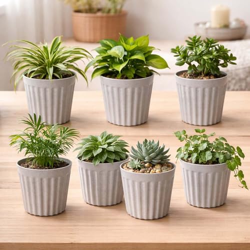 Image of Go Hooked 6 Inch Plastic Plant Pot Set of 7 | White Marble Texture Ribbed Planters, Stylish Modern Design | Decorative Indoor Outdoor Flower Pots for Balcony, Living Room, Garden, Home & Office Decor