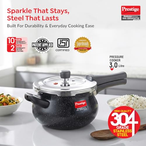 Image of Prestige 3 Litre Stainless Steel Deluxe Alpha Granite Svachh Outer Lid Pressure Cooker | Handi | Deep Lid for Spillage Control | Gas & Induction Compatible | 10Y Warranty | ISI Certified
