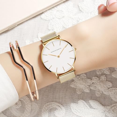 Image of HANNAH MARTIN Watches for Women Analog Women's Watch with Stainless Steel Expansion Band Minimalist Slim Dial 30M Waterproof Ladies Dress Wristwatch for Casual Daily Business