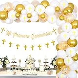 Mi Primera Communion Decorations for Boys Girls Gold and White Balloon Garland Kit with Glittery Mi Primera Banner Baptism Christening Party Decoration for First Holy Communion Christening Event