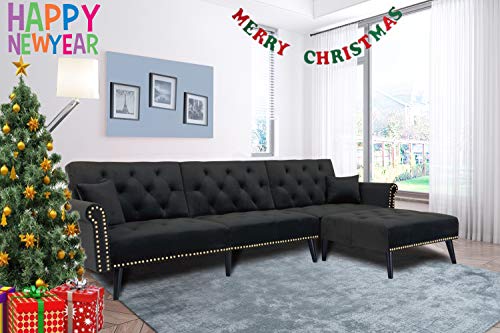 Zushule Convertible Sectional Couch With Chaise Lounge For Living Room, Comfy Velvet Fabric L-Shaped Reversible Reclining Sofa With 3 Seats And Pillows, For Small Apartment And Spaces - (Black) #TOP6