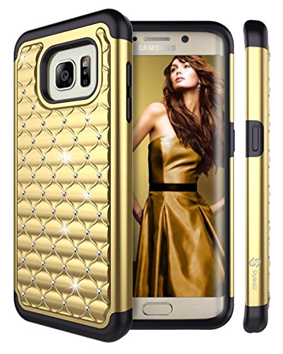 S7 Edge Case, Galaxy S7 Edge Case, Style4U Studded Rhinestone Crystal Bling Hybrid Armor Case Cover for Samsung Galaxy S7 Edge with 1 Style4U Stylus [Gold/Black]
