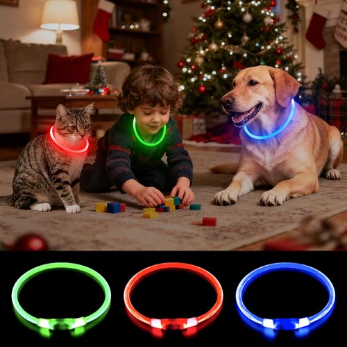 iTayga Leuchthalsband Hund, USB Typ-C und Wasserdicht RGB Hundehalsband, Verstellbare Länge, Sichtweite 500M, 7 Modi, Grün Blau Rot Mehrfarbig Leuchtendes Halsband für Hunde und Katzen