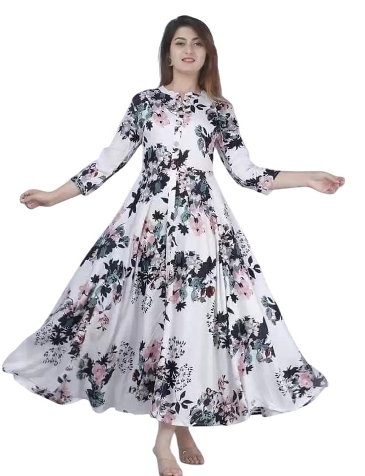 anvitextile Women's Rayon Flower Printed Long Anarkali Kurti | Gown Dress Collered Neck |-picture-21