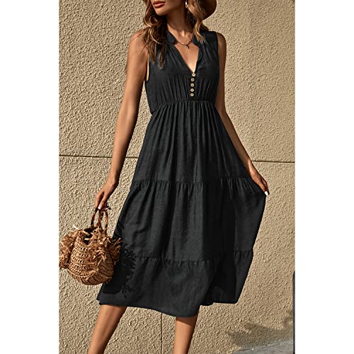 Image of BROVAVE Womens 2026 Summer Sleeveless Shirt Dress Collar Striped V Neck Casual Midi Dresses