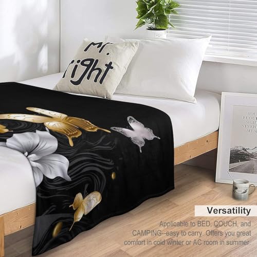 Couverture polaire douce et chaude 167x228 cm motif papillon or