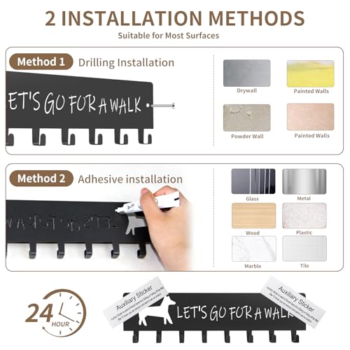 8 Hooks Dog Leash Holder for Wall, Grey Decorative Wall Hooks,11.7×3 Inch Key Holder Wall Mount, Self Adhesive Unique MetalKey Holder for Entryway Living Room Porch Kitchen, Gifts for Dog Lovers - Image 6