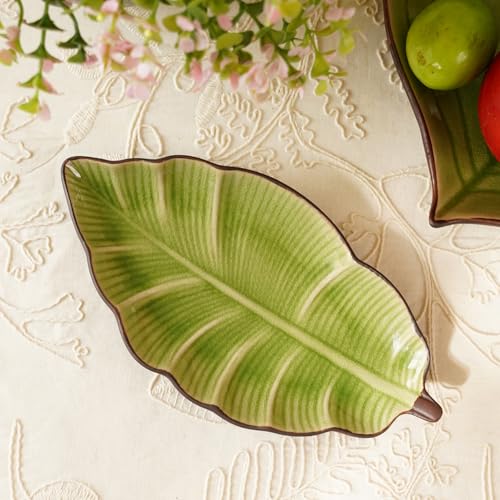 Image of Pure Home Light Green Ribbed Ceramic Leaf Platter | Premium Decorative Platters for Dining & Table Decor | Table Top Serving & Dining Decor | Ideal for Diwali & Wedding | Premium Home Decor | Pack of 1